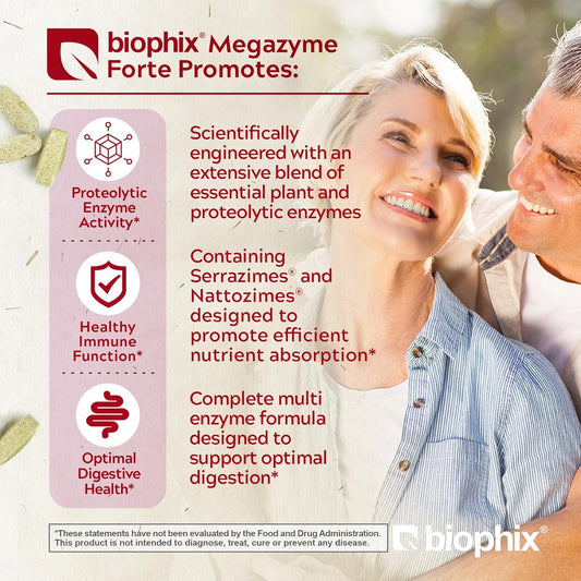 Biophix Megazyme Forte 200 Tablets - Natural Plant Proteolytic Enzymes Nattozimes Serrazimes Supports Digestive System Immune Health