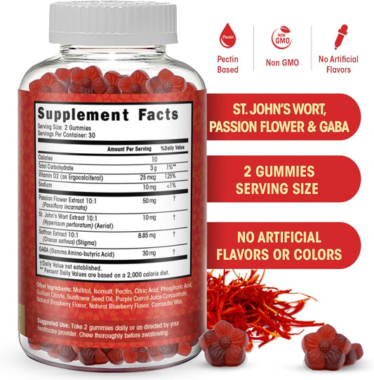 Saffron Extract Gummies-Sugar Free Saffron Supplement Enhanced With Gaba, Saint John'S Wort, Passion Flower- Saffron Supplements For Kids, Women, Men. Focus And Mood Support. 60 Saffron Gummies