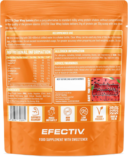 Efectiv Nutrition Clear Whey Isolate Protein Powder 600G - Whey Isolate With 24G Protein Per 30G Scoop, Less Than 100 Calories - Juicy Alternative (600G, Strawberry Watermelon)