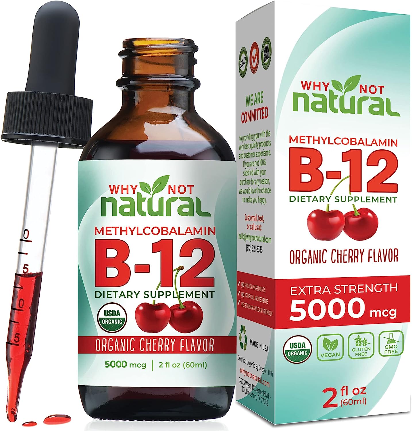 Why Not Natural Organic Vitamin B12 Liquid - Sublingual Extra Strength 60 x 5000 mcg Methylcobalamin Drops, Vegan, Maximize Absorption and Energy (Cherry)