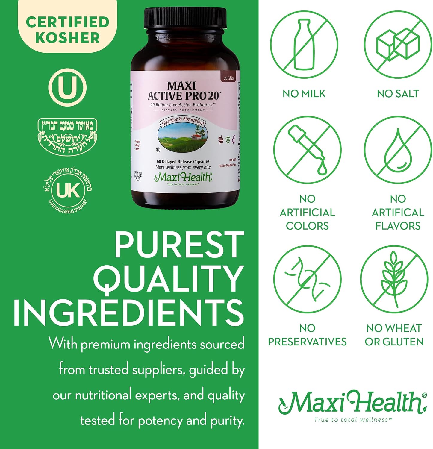 Maxi Health Probiotics For Digestive Health And Gut – 15 Strains, 20 Billion Cfu Active Organisms - Probiotics For Men And Women – Daily Probiotic For Digestive Support, 60 Capsules : Health & Household