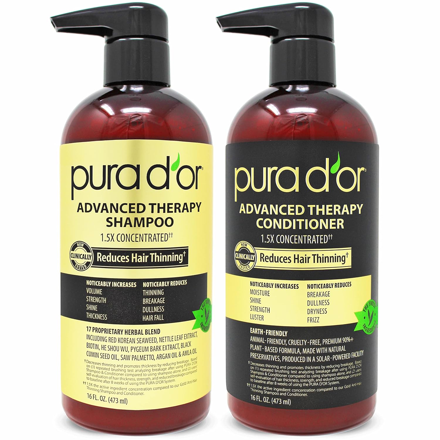 Pura D'Or Advanced Therapy Biotin Shampoo & Conditioner Hair Care Set For Hair Thinning, Clinically Proven, Dht Blocker Hair Thickening Products For Women & Men, Daily Routine Shampoo, 16Oz X 2