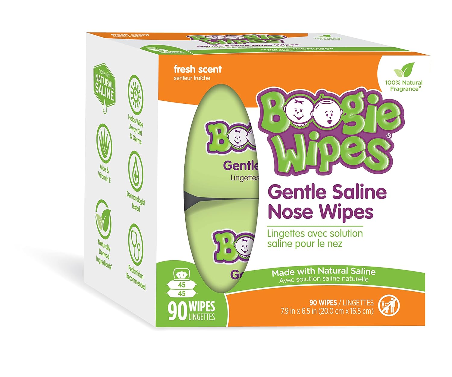 Boogie Wipes, Wet Wipes For Baby And Kids, Nose, Face, Hand And Body, Soft And Sensitive Tissue Made With Natural Saline, Aloe, Chamomile And Vitamin E, Fresh Scent, 45 Count (Pack Of 2)