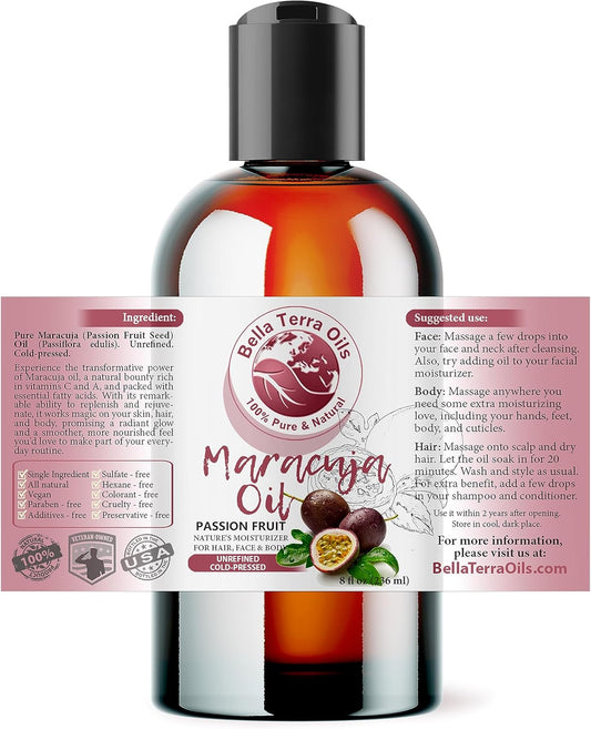 NEW Maracuja Oil (Passion Fruit). 8oz. Cold-pressed. Unrefined. Organic. 100% Pure. Non-GMO. Hexane-free. Fights Wrinkles. Softens Hair. Natural Moisturizer. For Hair, Skin, Beard, Stretch Marks