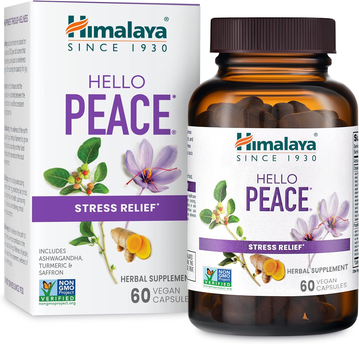 Himalaya Hello Peace, Daily Stress Relief Herbal Supplement, Ashwagandha, Turmeric, Saffron, Eases Nervousness, Relaxation And Calm, Balances Cortisol, Non-Gmo, Vegan, 60 Capsules, 30 Day Supply