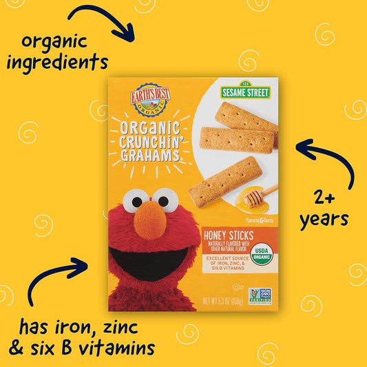 Earth'S Best Organic Kids Snacks, Sesame Street Toddler Snacks, Organic Crunchin' Grahams For Toddlers 2 Years And Older, Honey Sticks With Other Natural Flavors, 5.3 Oz Box (Pack Of 6)