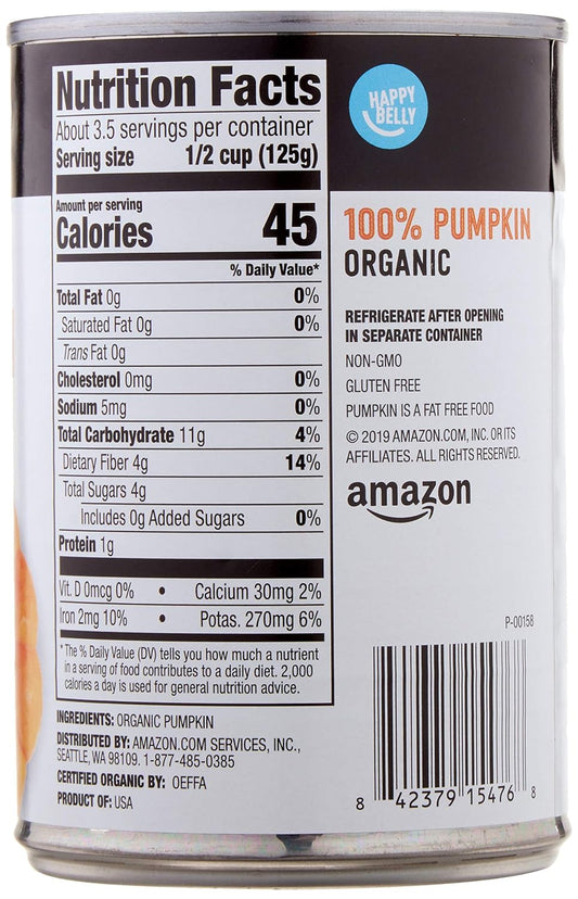 Amazon Brand - Happy Belly Organic 100% Pumpkin, Canned, 15 Ounce (Pack Of 1)