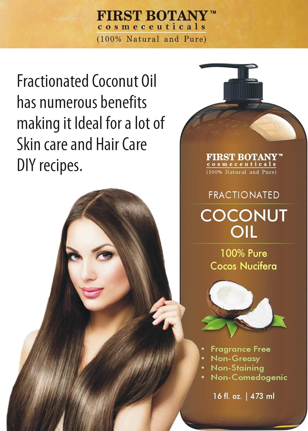 First Botany Cosmeceuticals Fractionated Coconut Oil 16 fl. oz - 100% Natural & Pure MCT Coconut Oil for Hair, Skin,and Aromatherapy Carrier Oil, Massage Oil,Best Skin Moisturizer : Beauty & Personal Care