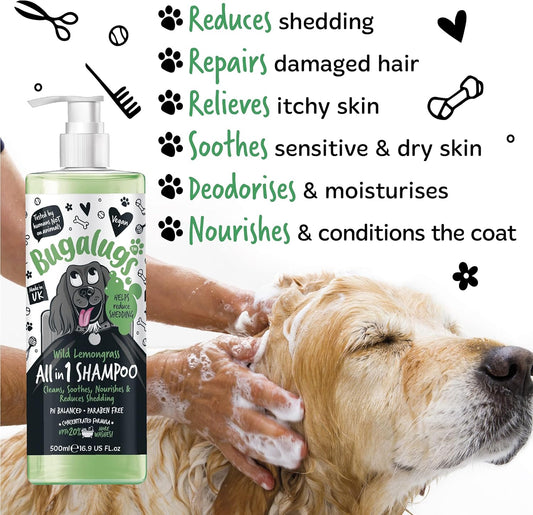 BUGALUGS Dog Shampoo All in 1 shampoo & conditioner dog grooming products for smelly dogs with Apple & Vanila fragrance, best vegan pet puppy shampoo, professional groom?BSHALL500AMZ