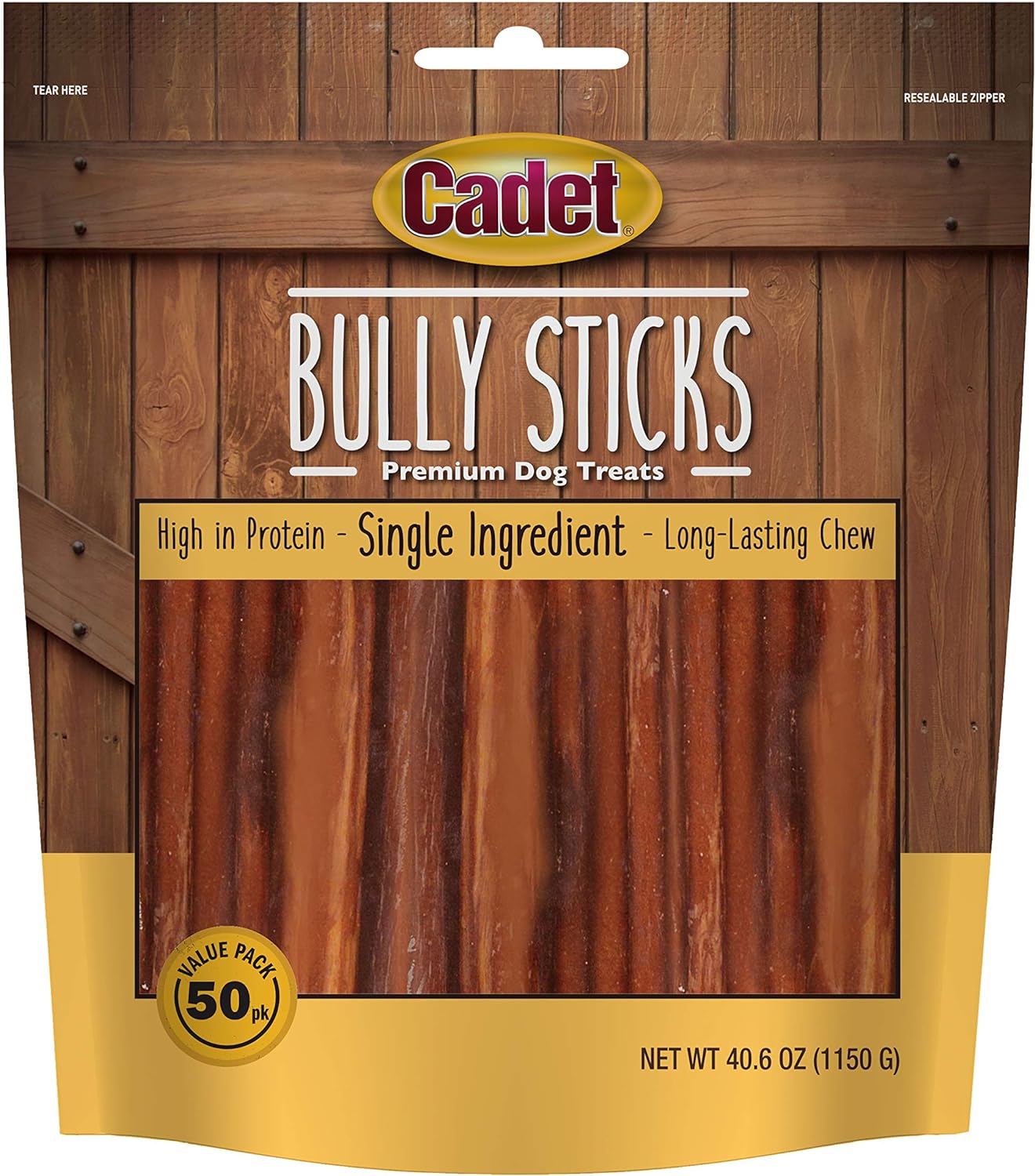 Cadet Bully Sticks for Small Dogs – All-Natural Beef Pizzle, High Protein, Low Fat, Long-Lasting, Grain & Rawhide-Free Dog Chews for Aggressive Chewers, Small (50 Count)