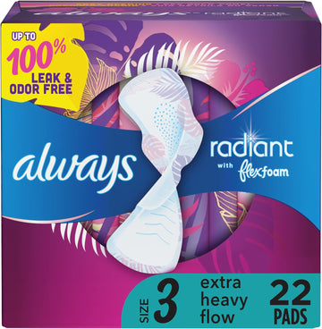 Always Radiant Feminine Pads For Women, Size 3 Extra Heavy Flow Absorbency, With Flexfoam, With Wings, Scented, 22 Count