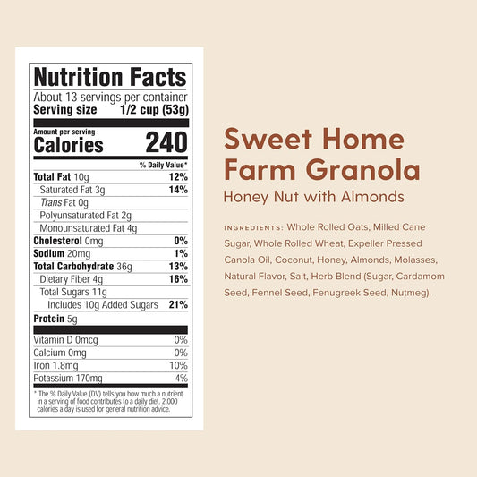 Sweet Home Farm Honey Nut with Almonds Granola, Made with Whole Grain, Non-GMO Project Verified, Kosher, Vegan, 24 Oz Recyclable Carton (Pack of 8)