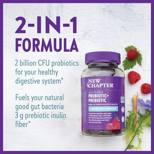 New Chapter Probiotic Gummies for Women and Men, All-Flora (1 Month Supply) ? 55% Less Sugar+, Formulated for Holistic Gut Health Support with Probiotics + Prebiotic Fiber + 100% Vegan + Non-GMO