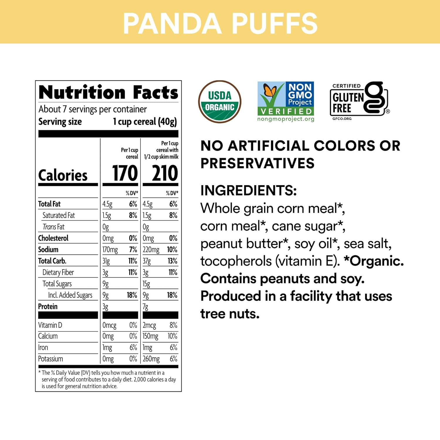 Panda Puffs Organic Peanut Butter Cereal, 25.6 Ounce (Pack of 6), Gluten Free, Non-GMO, EnviroKidz by Nature's Path