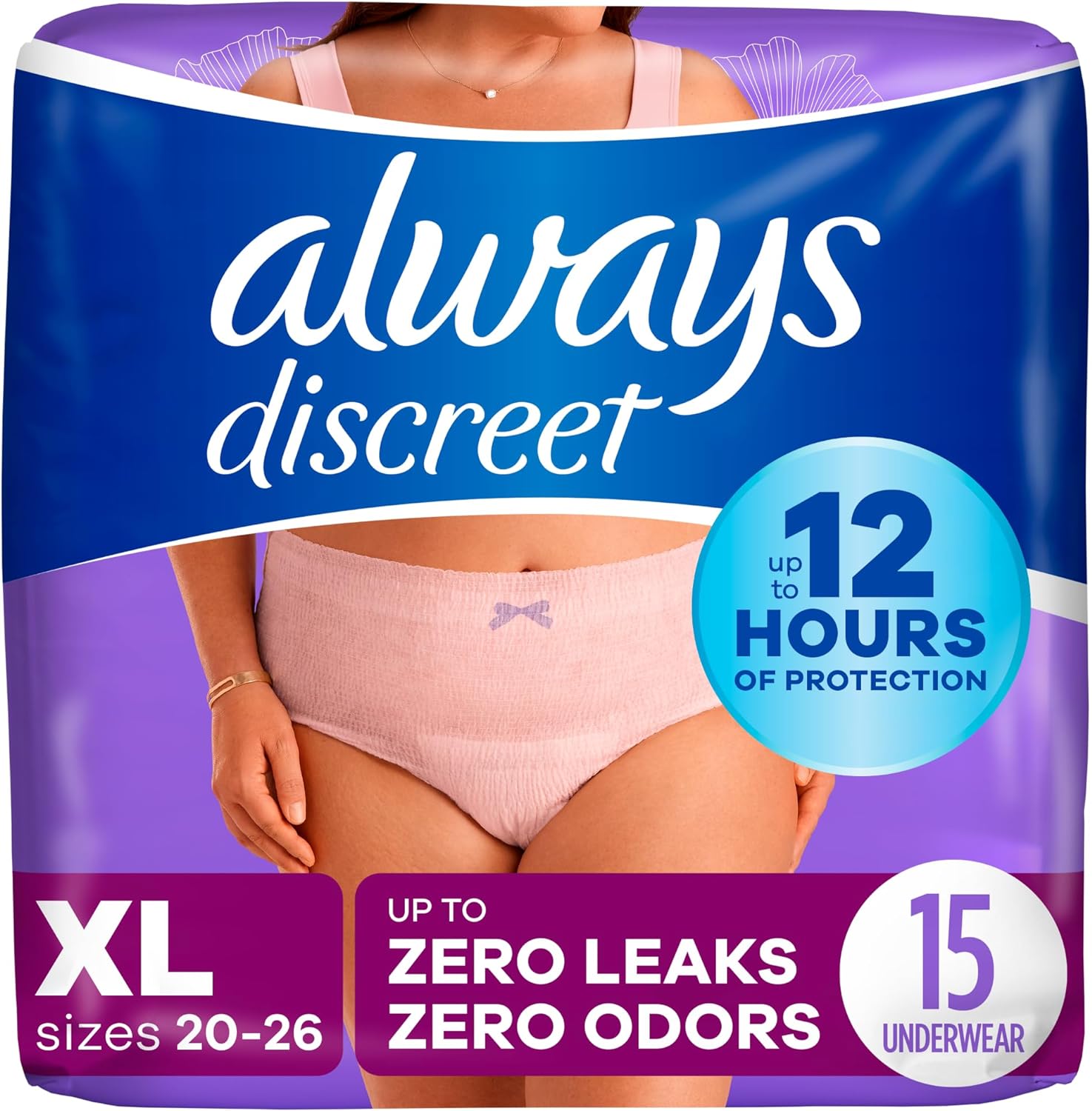 Always Discreet Adult Incontinence & Postpartum Underwear For Women, Classic Cut, Size X-Large, Maximum Absorbency, Disposable, 15 Count (Pack Of 1) (Packaging May Vary)