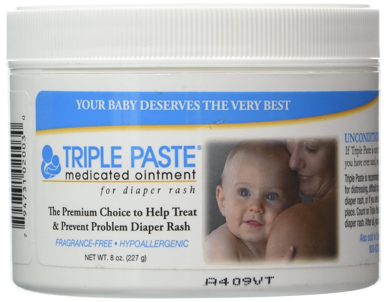 Triple Paste Medicated Ointment For Diaper Rash, Fragrance Free, Hypoallergenic,8 Oz