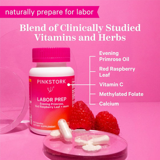 Pink Stork Labor Prep - Evening Primrose Oil Capsules With Red Raspberry Leaf Tea, Gentle Birth & Postpartum Care, Third Trimester Pregnancy Must Haves, 60 Capsules