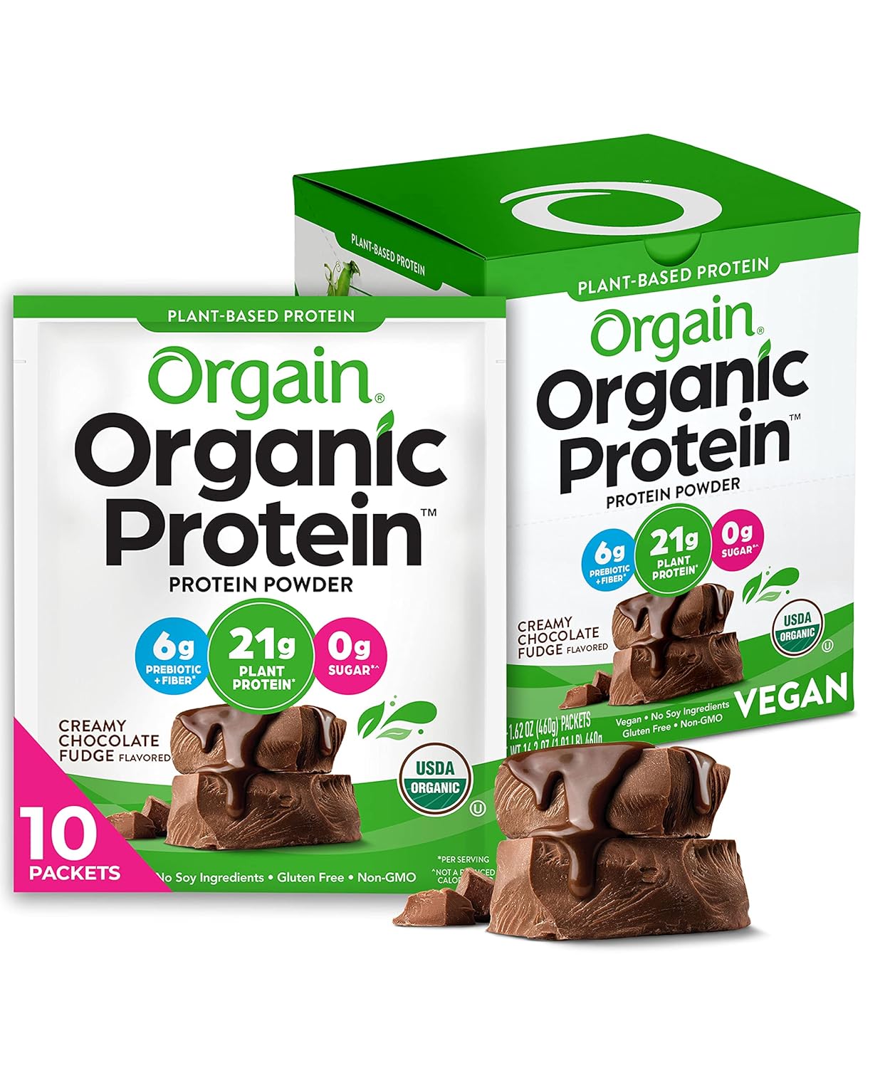 Orgain Organic Vegan Protein Powder, Creamy Chocolate Fudge - 21G Plant Protein, 6G Prebiotic Fiber, Low Carb, No Lactose Ingredients, No Added Sugar, Non-Gmo, For Shakes & Smoothies, 10 Travel Packs