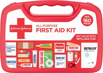 Johnson & Johnson All-Purpose Portable Compact First Aid Kit For Minor Cuts, Scrapes, Sprains & Burns, Ideal For Home, Car, Travel, Camping And Outdoor Emergencies, 160 Pieces