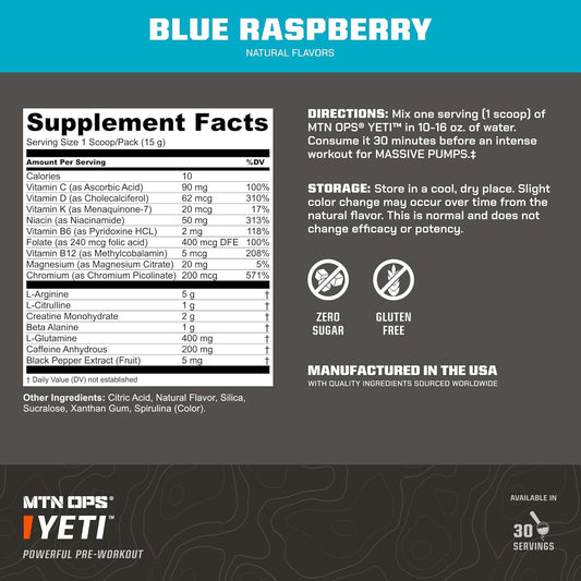 Mtn Ops Yeti Monster Pre-Workout Powder Energy Drink, 30-Serving Tub, Blue Raspberry