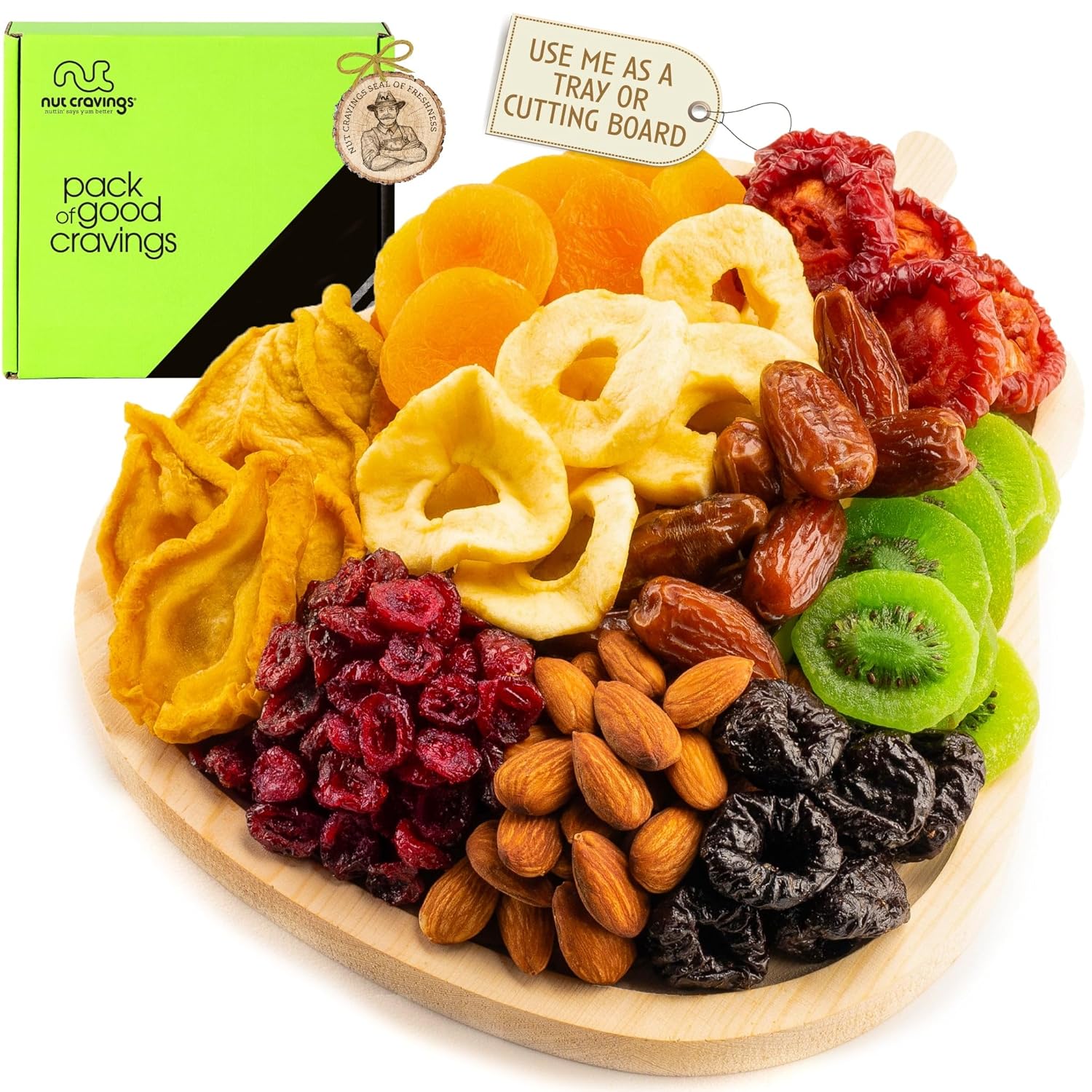 Nut Cravings Gourmet Collection - Dried Fruit & Mixed Nuts Gift Basket In Wooden Pear-Shaped Tray (9 Assortments) Teacher Appreciation Arrangement Platter, Healthy Kosher Usa Made