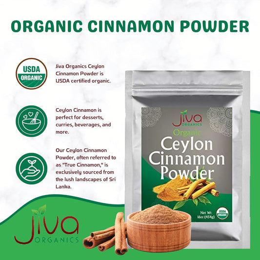 Organic Ceylon Cinnamon Powder 1 LB Bulk - Ground, Non-GMO for Cooking & Baking - From a USDA Certified Organic Farm - True Cinnamon from Sri Lanka by Jiva Organics