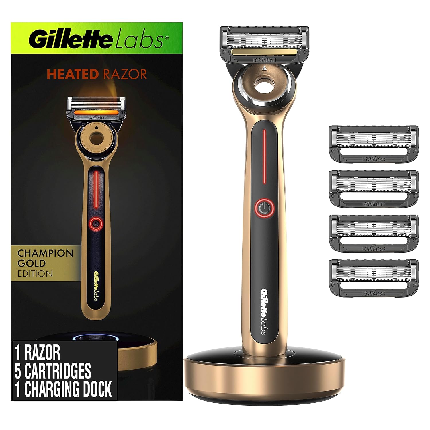 Gillette Labs Heated Razor Gold Edition - 1 Handle, 5 Blade Refills, 1 Charging Dock