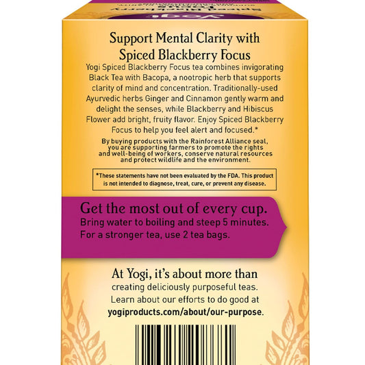 Yogi Tea Spiced Blackberry Focus Tea - 16 Tea Bags Per Pack (6 Packs) - Organic Blackberry Tea For Focus With Caffeine - Includes Black Tea Leaf, Hibiscus Flower, Cinnamon Bark & More