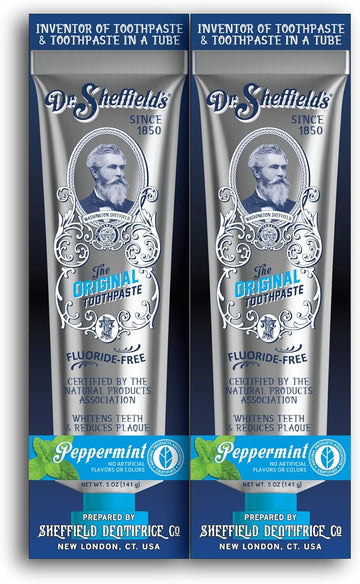 Dr. Sheffield’s Certified Natural Toothpaste (Peppermint) - Great Tasting, Fluoride Free Toothpaste/Freshen Your Breath, Whiten Your Teeth, Reduce Plaque (2-Pack)