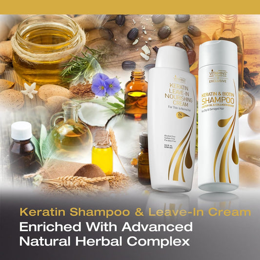 Vitamins Keratin Shampoo and Thin Hair Leave-In Cream Kit - Renewing Cleanser for Clean Luminous Blowout Look and Ultra Hydrating Leave-In Conditioner For Dry Damaged Thin Hair - Pro Salon Hair Care