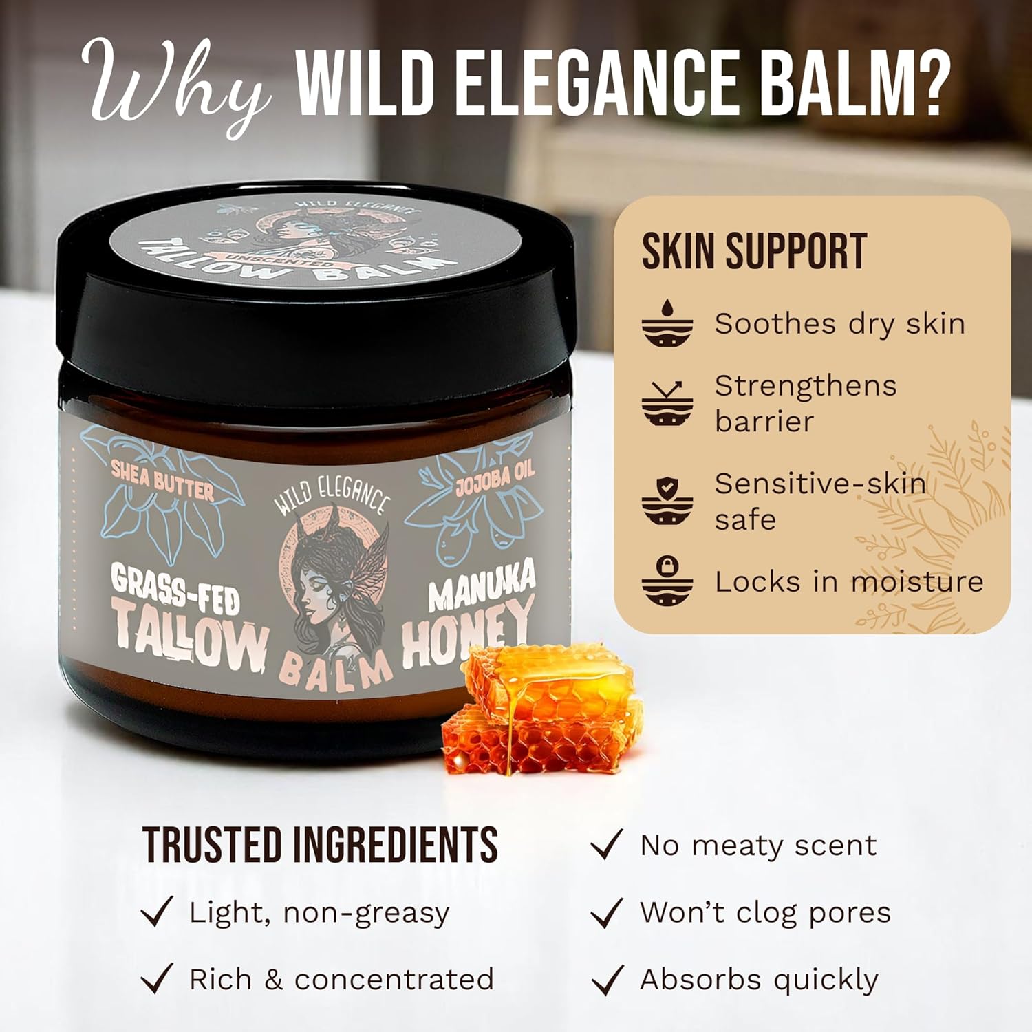 Grass-Fed Beef Tallow And Manuka Honey Balm, Eczema Face & Body Cream, Moisturizer For Dry Skin With Shea Butter, Almond & Jojoba Oil, Beeswax, Arrowroot, Vitamin E - Unscented - Made In Canada, 2 Oz : Beauty & Personal Care