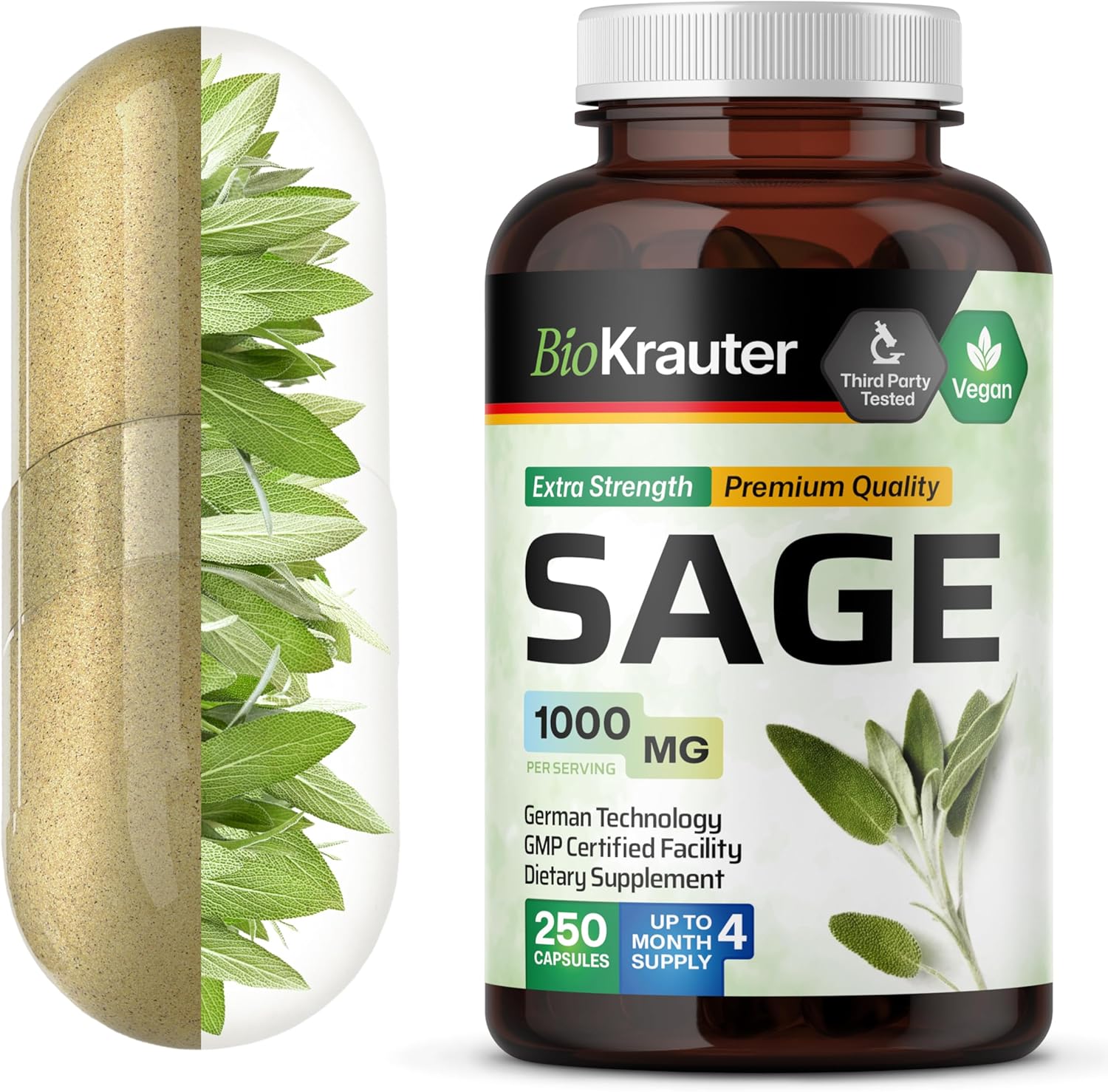 Bio Krauter Sage Supplement Capsules 1000 Mg - 250 Vegan Caps - Supplement With Salvia Officinalis - Immune & Digestive Support - Rich In Antioxidants