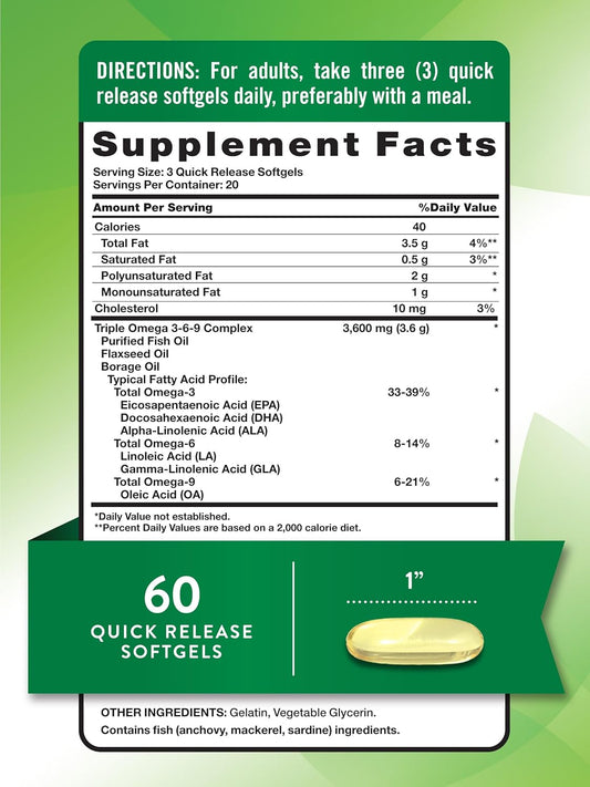 Nature'S Truth Triple Omega 3-6-9 Softgels | 3600Mg | 60 Count | Fish, Flax, Borage Oils Supplement | Non-Gmo & Gluten Free Supplement