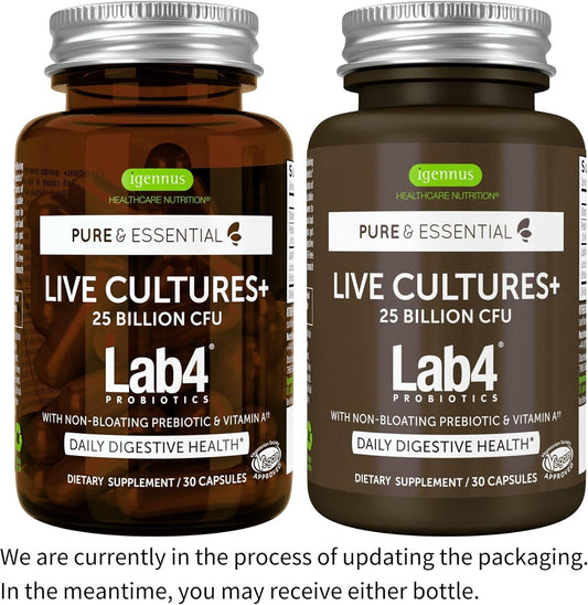 Live Cultures+ Lab4 Probiotics & Prebiotic, Vegan, Non-Gmo, Lactobacillus Acidophilus & Bifidobacterium, Guaranteed 25 Billion Cfu, Non-Bloating Gut Health Support, 30 Capsules, By Igennus