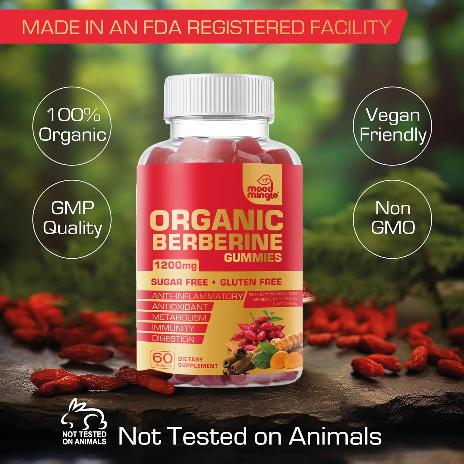 Berberine Supplement Gummies (1200Mg) With Ceylon Cinnamon, Turmeric, Milk Thistle & Artichoke - Sugar Free, Gluten Free, Gmp Quality