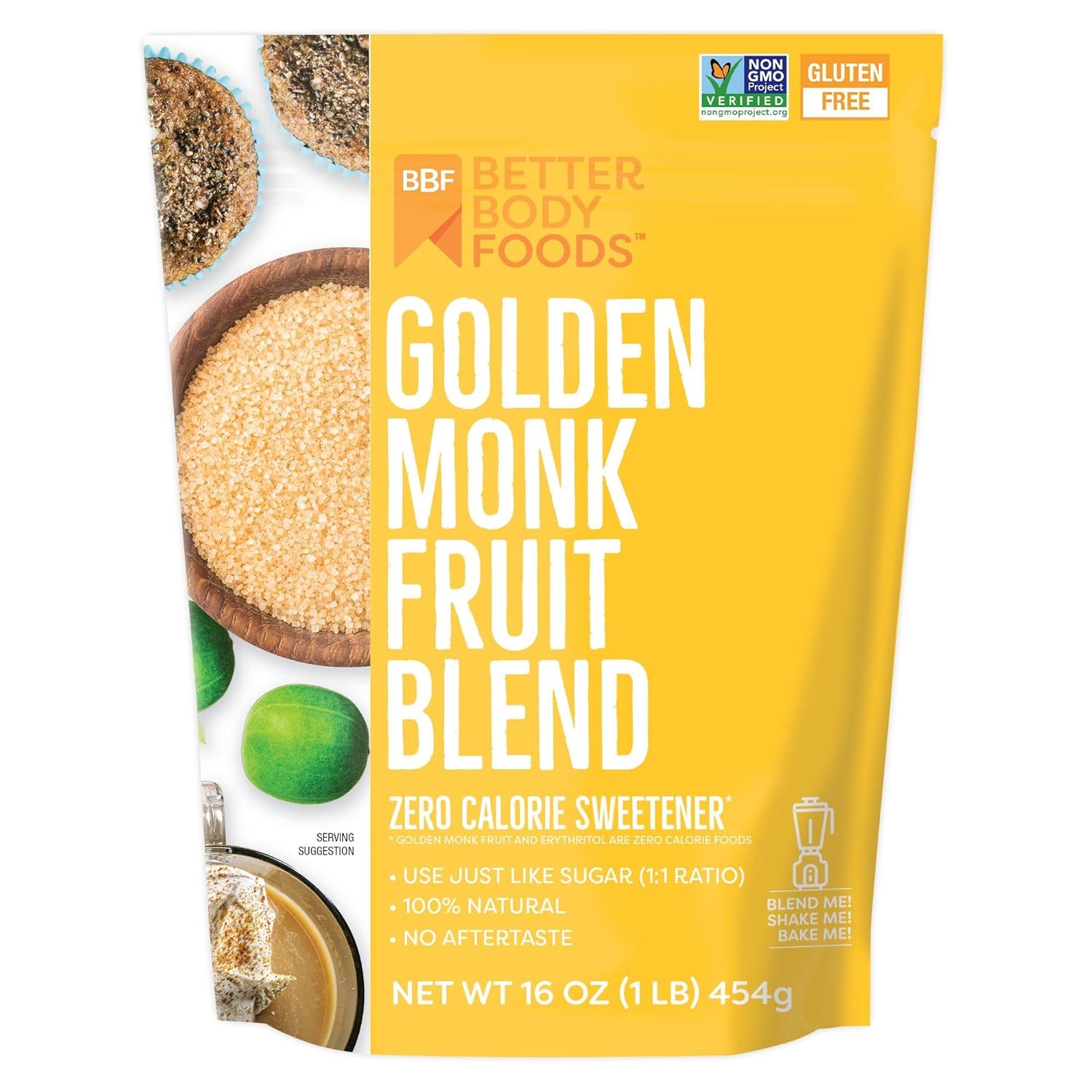 Betterbody Foods Golden Monk Fruit Sweetener Blend - Sugar Substitute, Zero Calorie, Keto Diet Friendly, Zero Net Carbs, Zero Glycemic, Baking, Extract, Sugar Replacement 1 Lb, 16 Oz