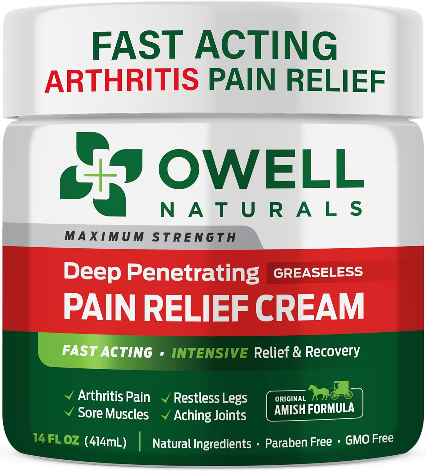 OWELL NATURALS Arthritis Pain Relief Cream - 14oz - Maximum Strength All Natural Discomfort Reliever for Joint, Muscle, Knee, Back, Neuropathy - 11 Powerful Ingredients