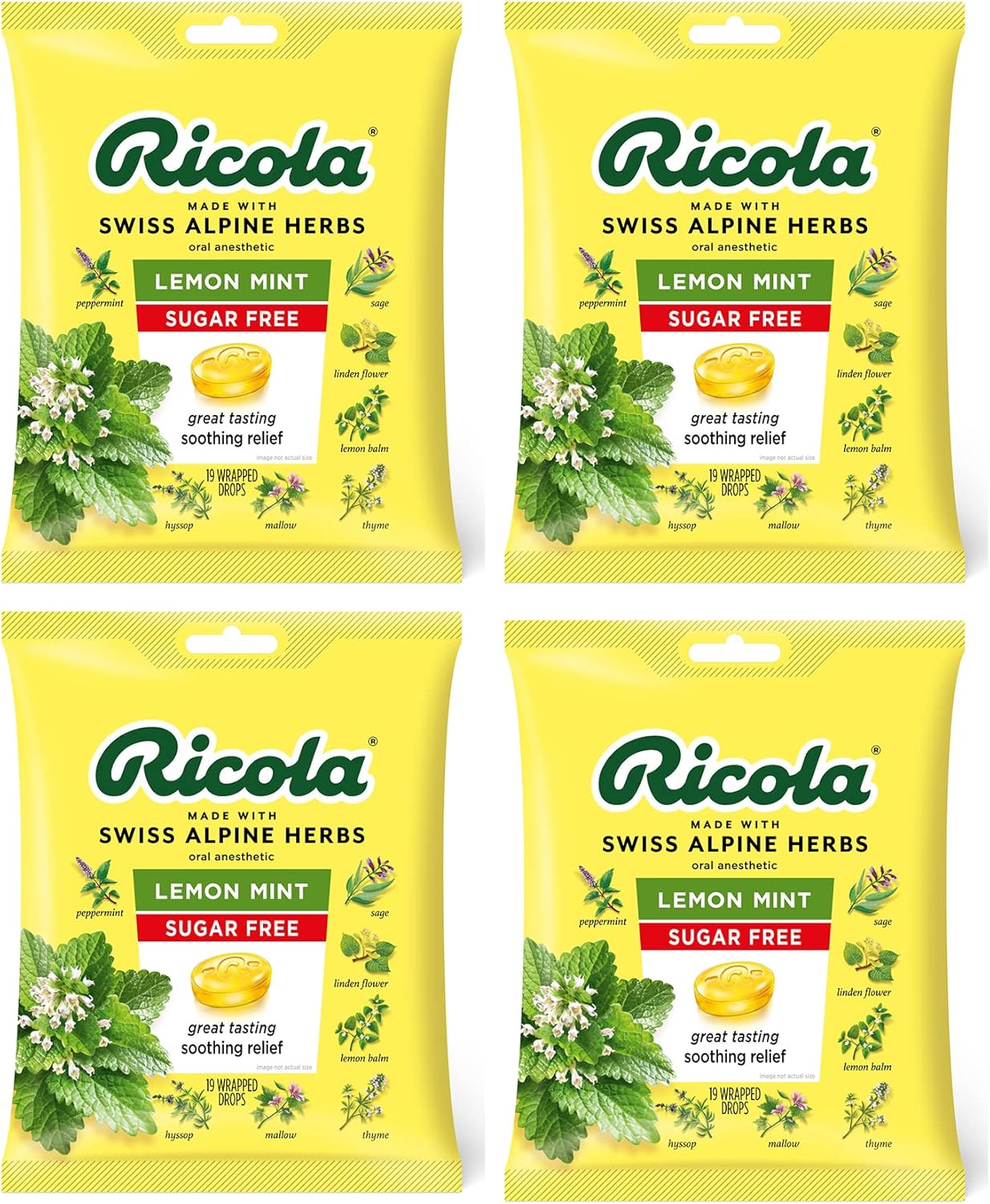 Ricola Sugar Free Lemon Mint Herbal Cough Suppressant Throat Drops | Naturally Soothing Long-Lasting Relief -19 Count (Pack of 4) Bags