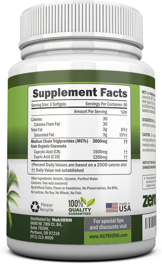 Mct Oil - 3000Mg Per Serving - 180 Softgels - Made From 100% Organic Coconuts - Non Gmo, Cold Pressed, Paleo Friendly Capsules - Great For Focus & Gut Health