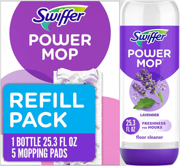 Swiffer Powermop Multi-Surface Refill Pack For Floor Cleaning, Pack Includes 5 Mopping Pad Refills, 1 Floor Cleaning Solution With Lavender Scent