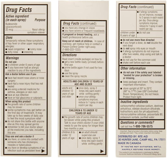 Rite Aid Budesonide Allergy Nasal Spray - 120 Metered Sprays | 24-Hr Non-Drowsy Allergy Relief | Sinus Medicine | Decongestants for Adults