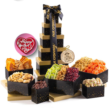 Nut Cravings Gourmet Collection - Mothers Day Dried Fruit & Mixed Nuts Gift Basket Black Tower + Ribbon (12 Assortments) Arrangement Platter, Birthday Care Package - Healthy Kosher