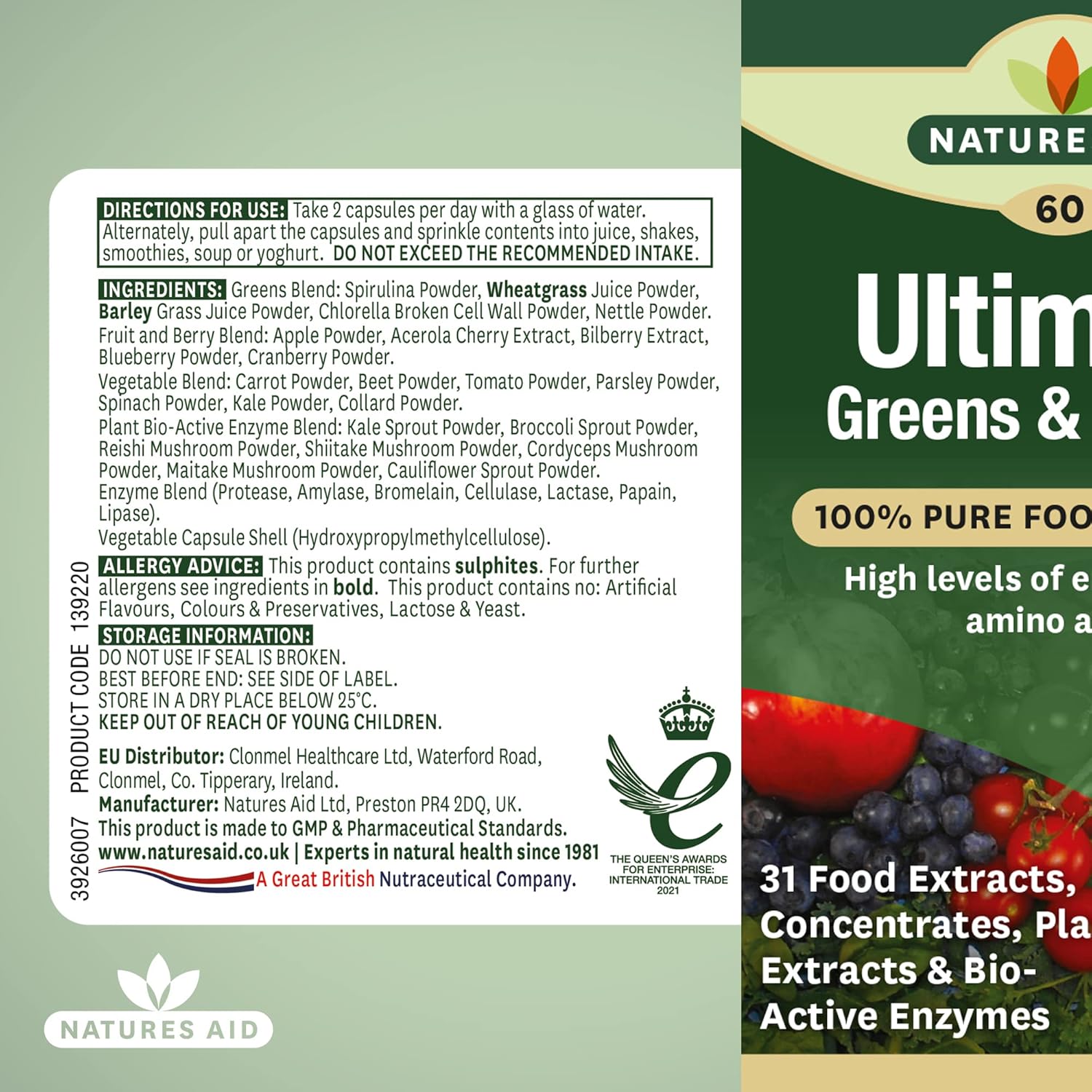 Natures Aid Ultimate Greens & Berries Capsules - Mix Of 31 Fruits Berries Vegetables Mushrooms Phytonutrients And Plant Bioactive Enzymes & Amino Acids - Vegan Vegetarian Gluten Free - 60 Supplements