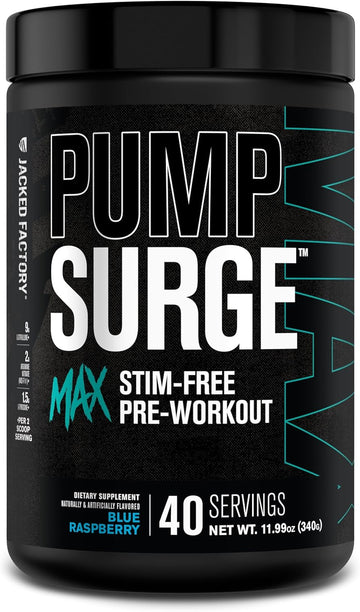 Jacked Factory Pumpsurge Max Stim Free Pre Workout - High-Performance Caffeine Free Pre Workout With L-Citrulline, N03-T Arginine Nitrate & Glutathione - 40 Servings, Blue Raspberry