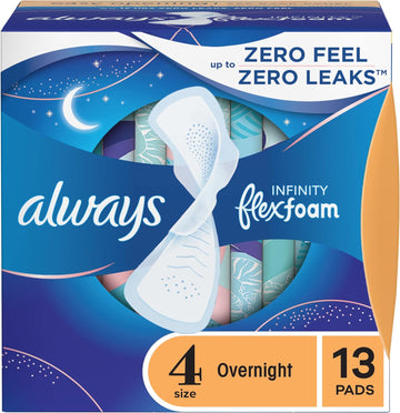 Always Infinity FlexFoam Pads for Women, Size 4, Overnight Absorbency, Unscented, 13 Count