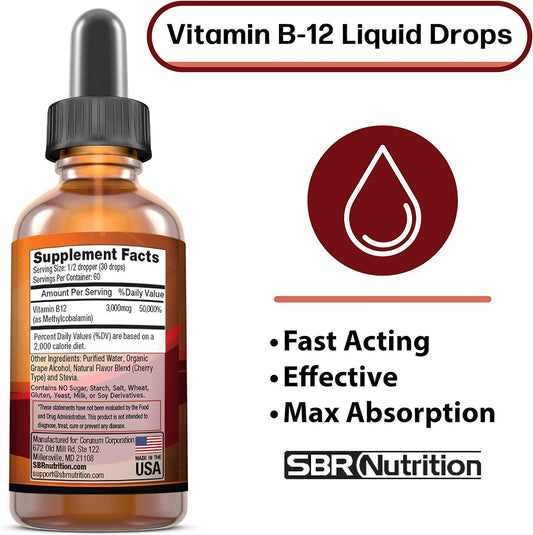 Vitamin B12 Sublingual Liquid Drops - Methylcobalamin, VIT B 12 Supports Energy, Max Absorption, 3000mcg Per Serving, 60 Servings, Non-GMO, Vegan Friendly, Manufactured in The USA