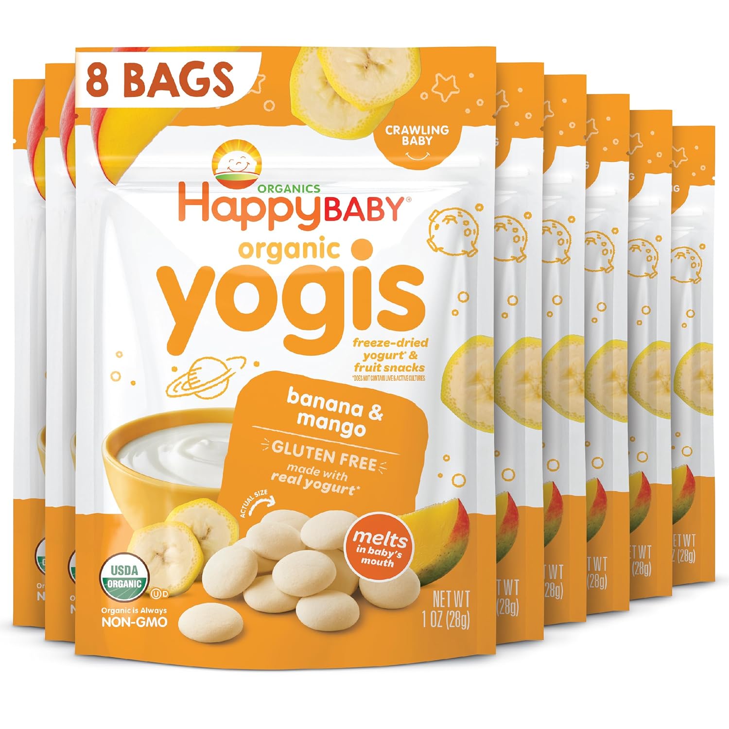 Happy Baby Organics Baby Snacks, Yogis, Freeze Dried Yogurt & Fruit Snacks, Gluten Free Snack For Babies 9+ Months, Banana & Mango, 1 Ounce (Pack Of 8)