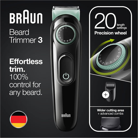 Braun Beard Trimmer 3, Bt3221, Beard Trimmer For Men, Hair Clipper, Lifetime Sharp Blades, 20 Length Settings, Black/Vibrant Green