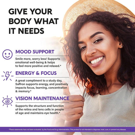 Natural Saffron Supplements - Pure Saffron Extract 88.5 Mg - Made In Usa - Mood | Focus | Vision | Energy Support - Eye Health For Women & Men - Nongmo Vegan Pills - 180 Powder Capsules