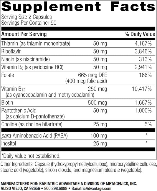 Bariatric Advantage B-50 Complex With Active B12, High Potency Supplement Containing All Essential B Vitamins With Choline, Inositol And Paba - 180 Count